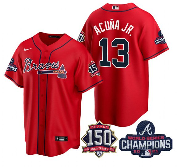 Men's Atlanta Braves #13 Ronald Acuña Jr. 2021 Red World Series Champions With 150th Anniversary Patch Cool Base Stitched Jersey